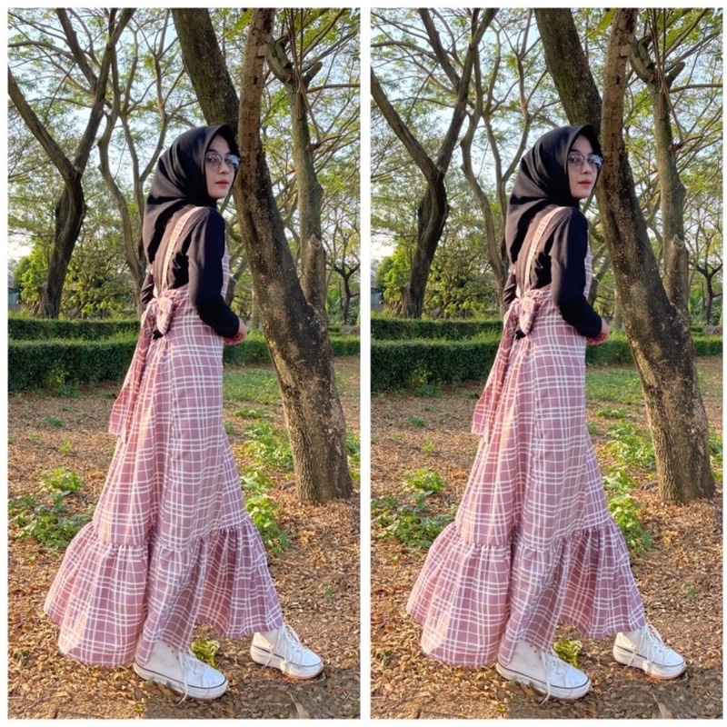 Overall houndstooth  / overall bella / overall pita belakang / overall yolla / overall reina / overall pita / dress dewasa / overall dewasa by dyoura