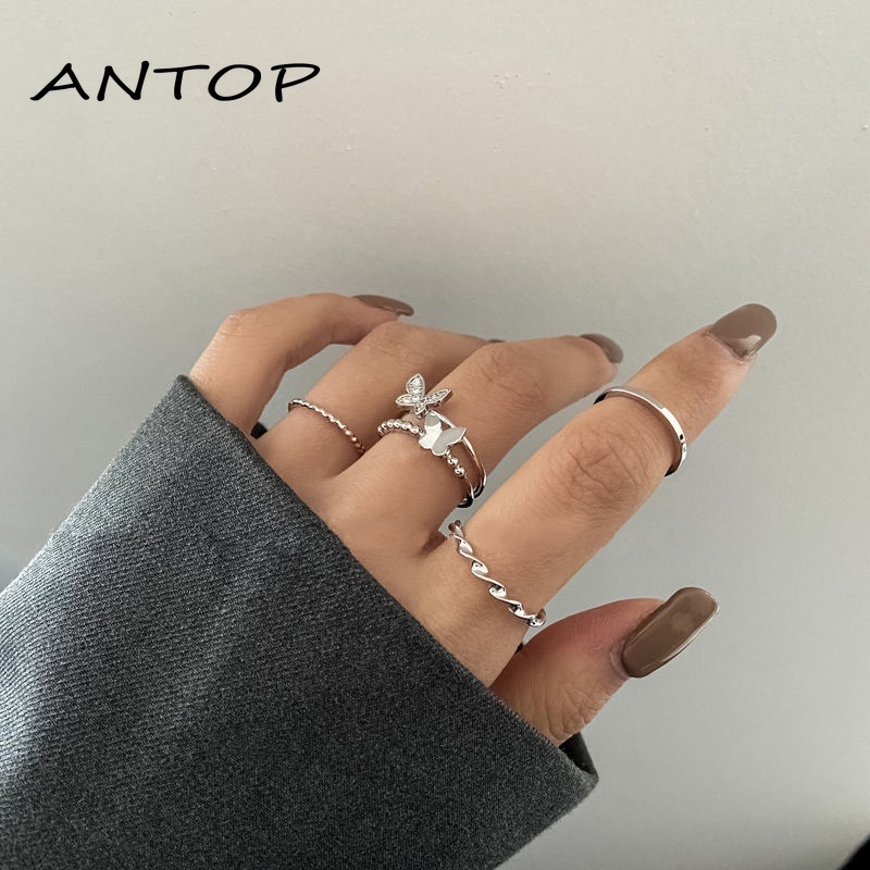 4 Pcs/set 925 Fashion Perak Cincin Set Kupu-kupu Berlian Imitasi Wanita Jari Cincin Perhiasan Aksesoris ANTOP