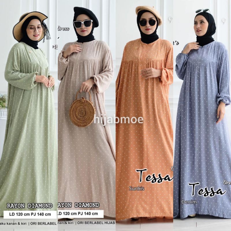 Hijab Sisters Tessa Dress Gamis Wanita Rayon Diamond Motif Polkadot LD 120 Zipper Depan Saku Kanan K