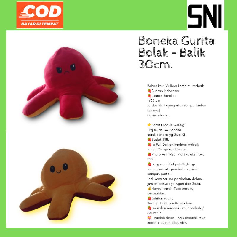Boneka Gurita Bolak Balik  30Cm  / Boneka Octopus SNI