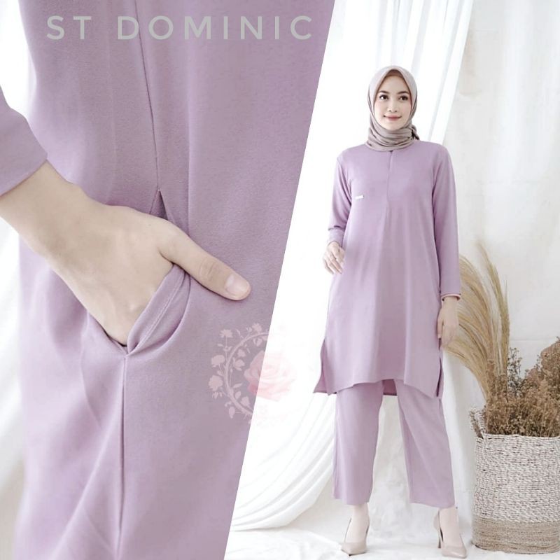 SET MODOMINIC Setelan celana setcel panjang polos busui ungu lilac tunik muslim hijab outfit murah