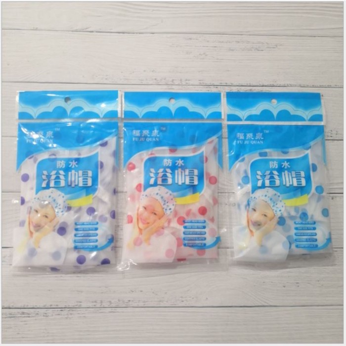 Shower Cap Plastik Polkadot Tebal Alat Mandi Pelindung Rambut Toiletries
