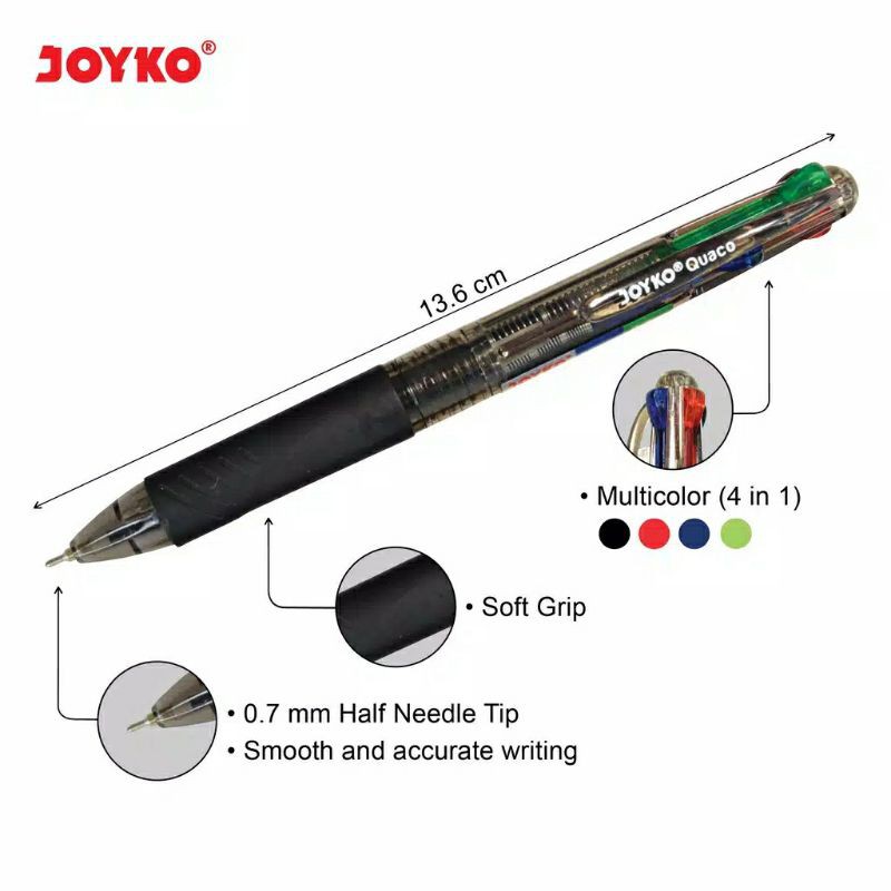 

JOYKO Quaco Bolpen 4 warna BP-213 0.7mm 4in1 1PACK / 12 Pcs
