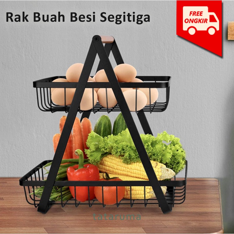 Rak Buah Besi Segitiga Tingkat 2 Serbaguna Rak Dapur Murah Black