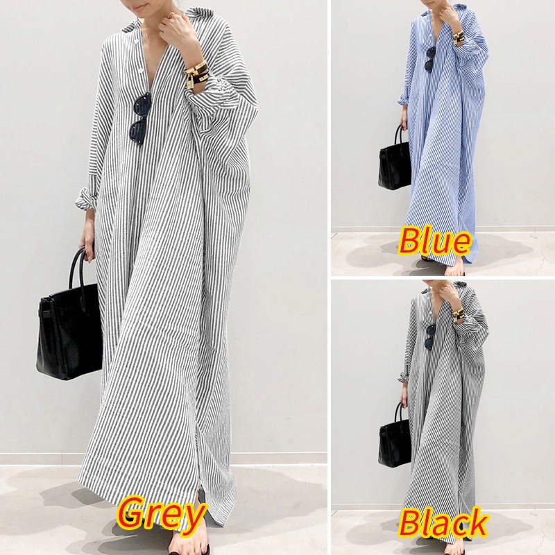 ZANZEA Women Fashion Casual Stripe Printed Button Down Split Hem Maxi Shirt Dress