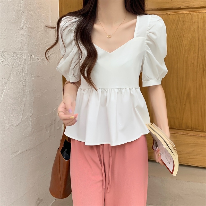 ATASAN IMPORT WANITA PUFF SLEEVE BAJU BLOUSE LENGAN BABY DOLL PENDEK CEWEK MX205