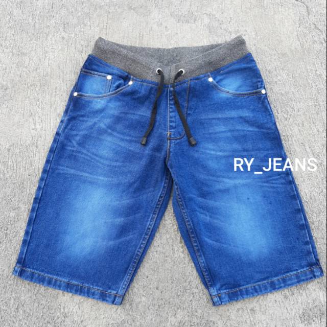 Celana jeans kolor rip crv jeans pendek pria biru darkblue