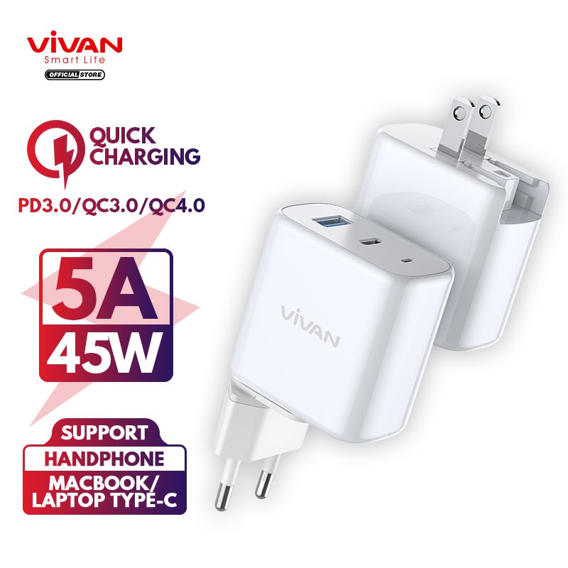 VIVAN Power Boost 2 Output USB &amp; Type C Travel Charger 45W 5A with AU/EU Plug Support Macbook