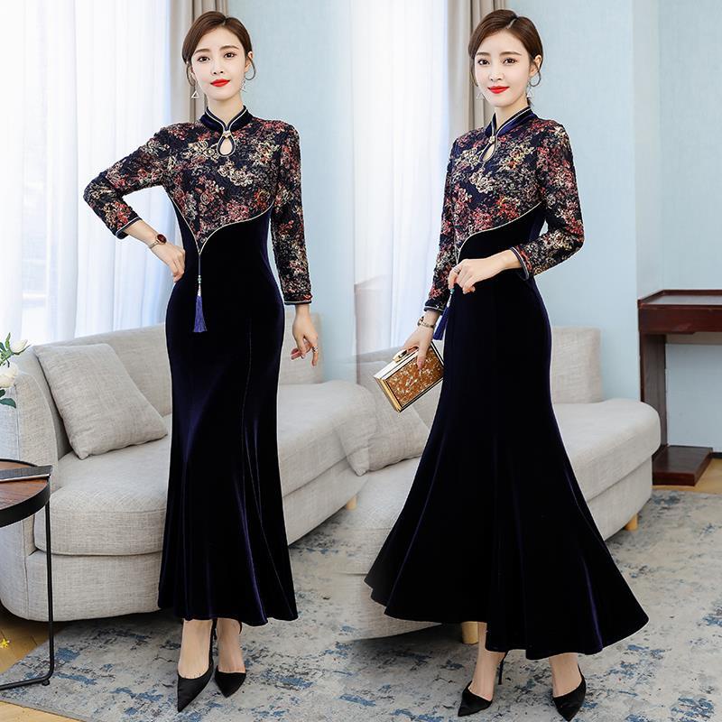 Original young cheongsam dress autumn and winter new velvet blue Embroidery Wedding mother fashion t