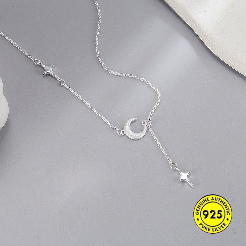 Kalung Rantai Sterling Silver 925 Dengan Liontin Bulan Sabit + Rumbai Untuk Wanita