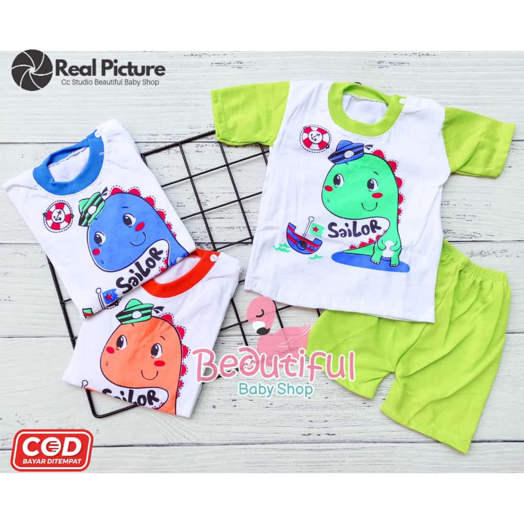 Setelan Baju Bayi Lengan Pendek Motif Dino Sailor / Setelan Pendek Bayi Murah / Baju Bayi Pendek / Baju Harian Bayi / Baby.ou_