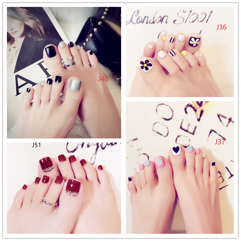 Divine Kuku Palsu 24pcs/Set Toes Fake Nails Rhinestone Red kuku palsu untuk kaki J51