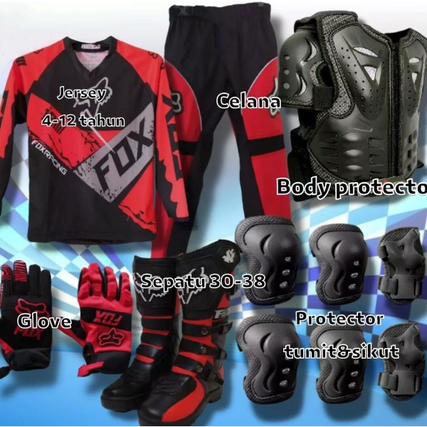 KOSTUM BAJU JERSEY MOTOR TRAIL CROSS FULL SET ANAK KAOS TRAIL ANAK FULL SAFETY Sepatu trabas adventu