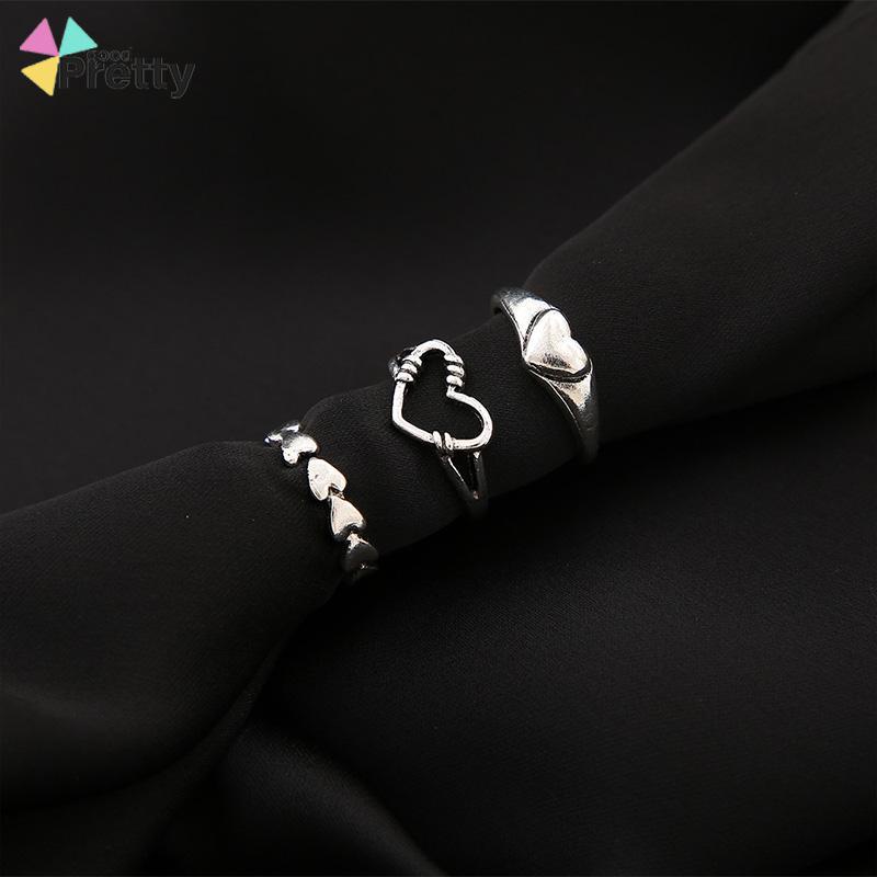 3pcs Cincin set korea Model Terbuka Desain Gelombang Hati Warna Silver Gaya Vintage Untuk Wanita - PD