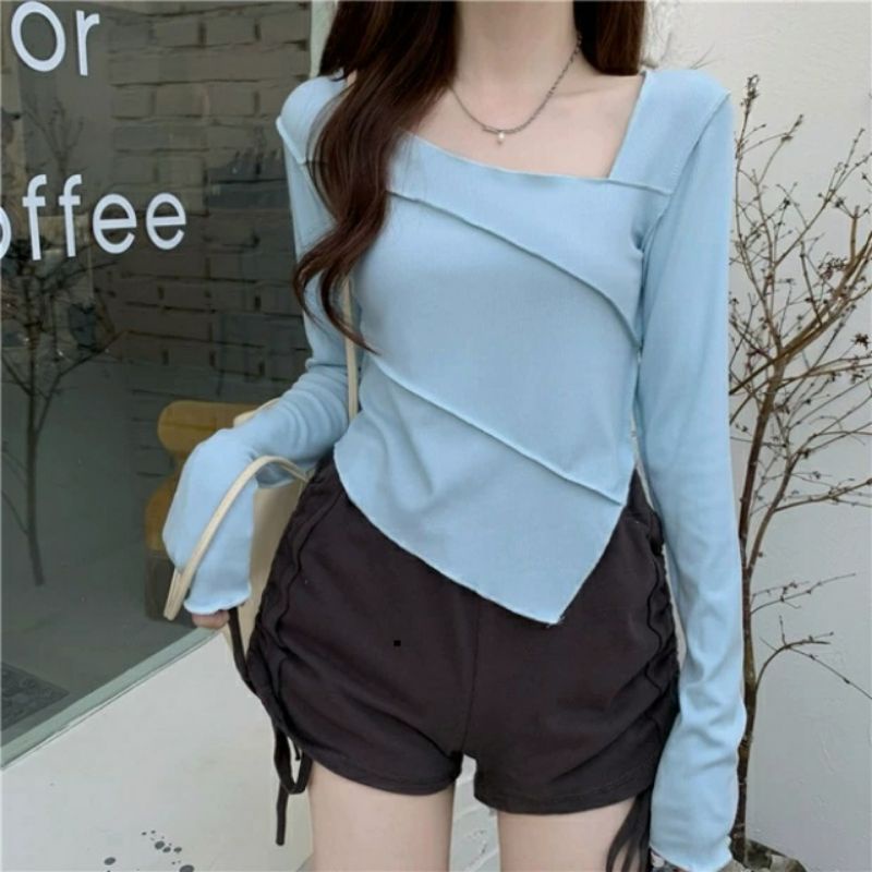 5066 Baju atasan blouse kerah simetris lengan panjang hitam pink polos Korean style wanita import ba