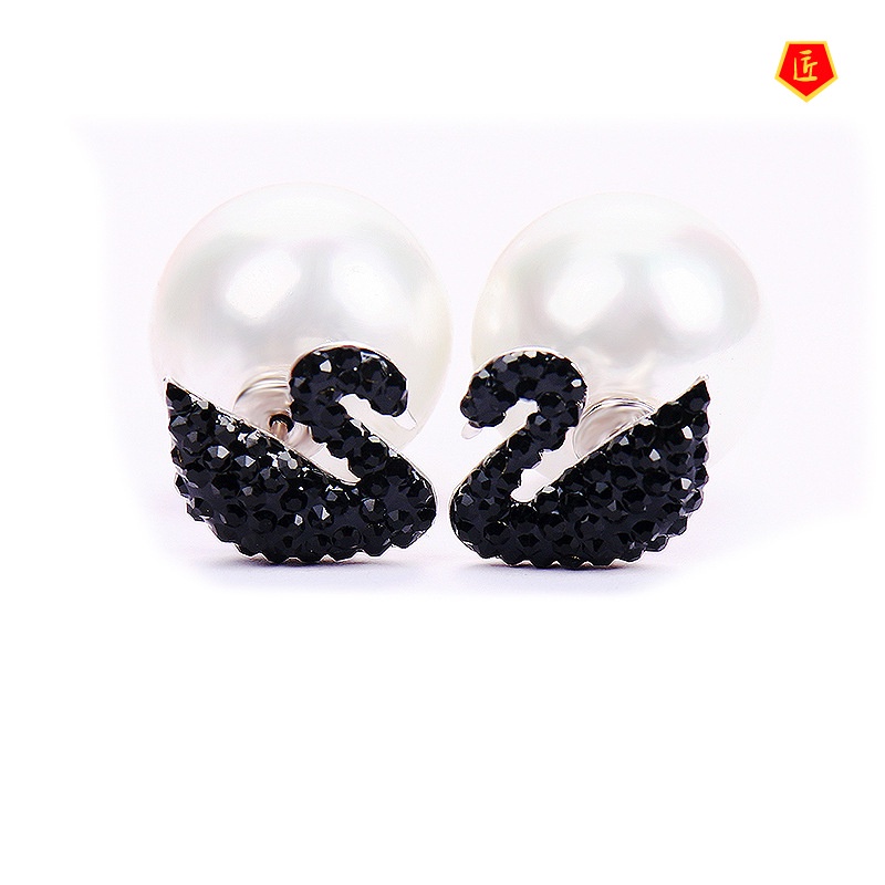 [Ready Stock]25 Silver Korean Style Pearl Black Swan Earrings