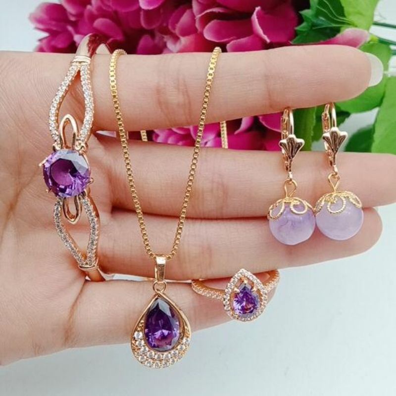 set wanita lapis emas anting giok ungu terbaru