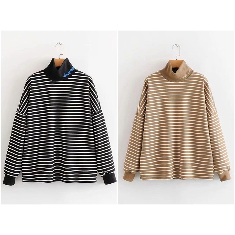 [baju wanita korea]  Baju Sweater Turtleneck Turtle Neck Garis Stripe Korea Import
