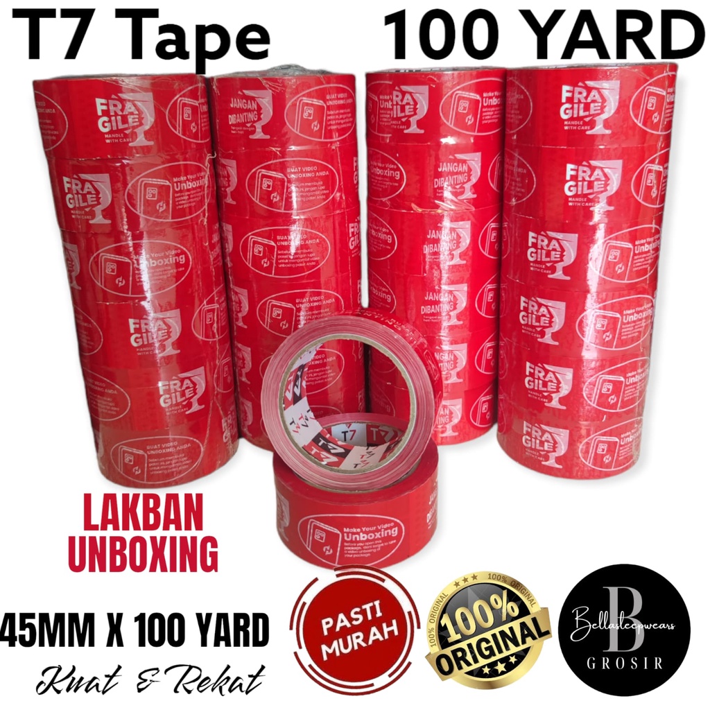 45 MM X 100 YARD - MURAH - LAKBAN T7 TAPE MERAH FRAGILE / UNBOXING ISOLASI / PLAKBAN / SELOTIP PEREKAT ROLL