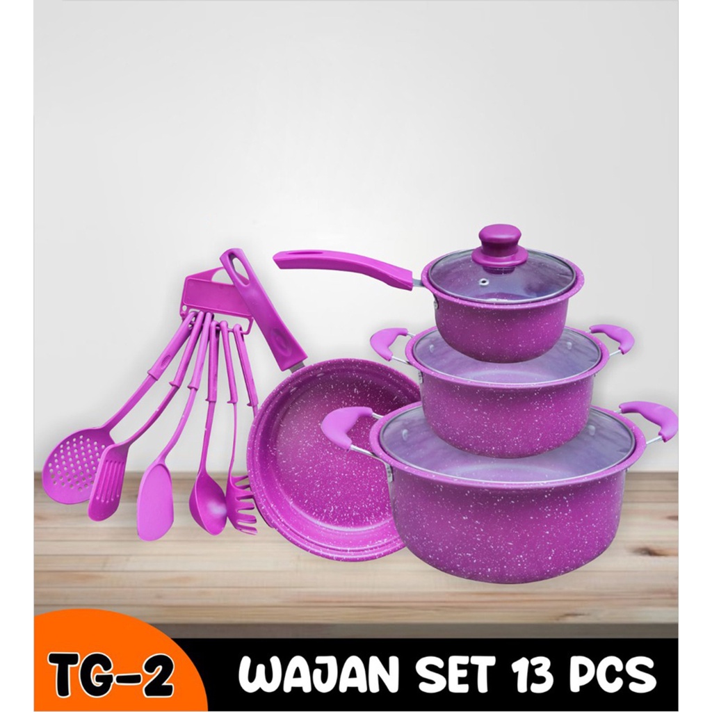 Panci Set Teflon Marble 13 Pcs Berwarna Cookware Set Tutup Kaca Free Spatula 6 Pcs Plastik