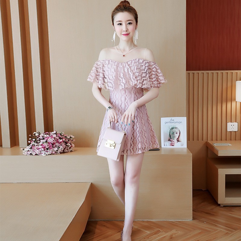 Dress Midi Model Off Shoulder A-Line Bahan Lace Mesh Gaya Korea Casual untuk Wanita