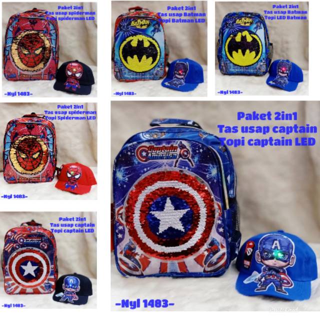 Tas anak usap superhero free topi led