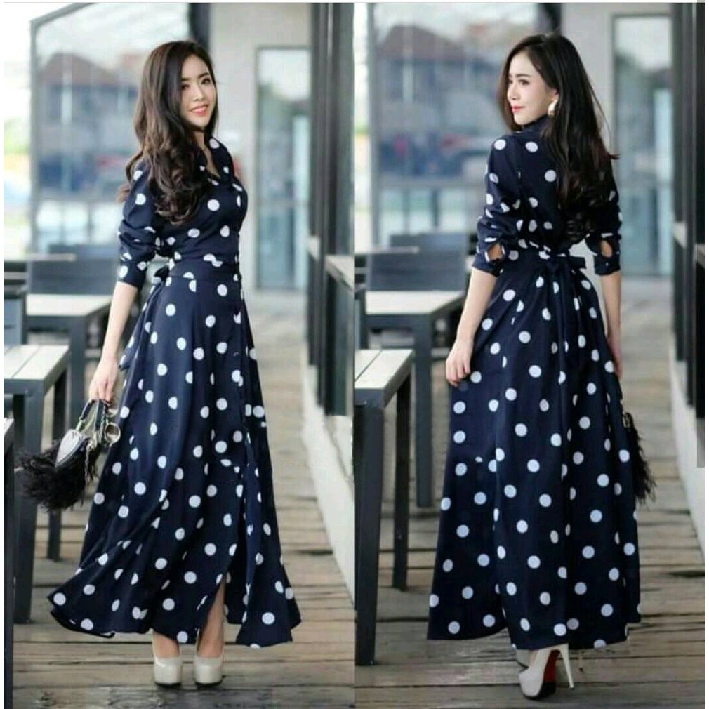 lk Syari polka hitam black maxi gamis hijab imut simple elegan  pakaian atasan longdress maxi blous