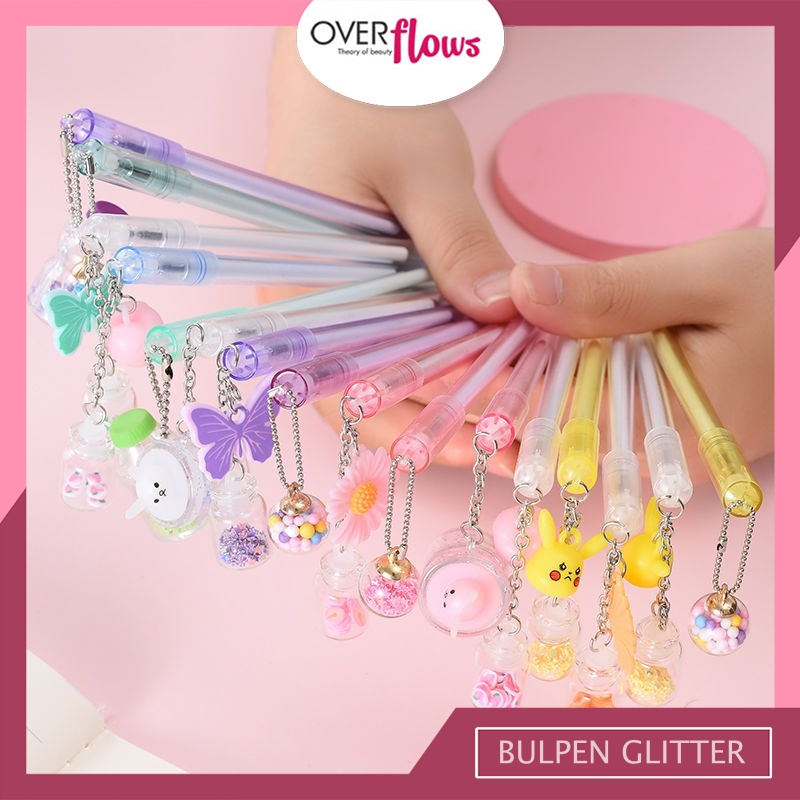 OVERFLOWS.ID Pulpen Gel Gantungan Lucu Karakter Dengan Sequin Glitter Bolpen Lucu Unik