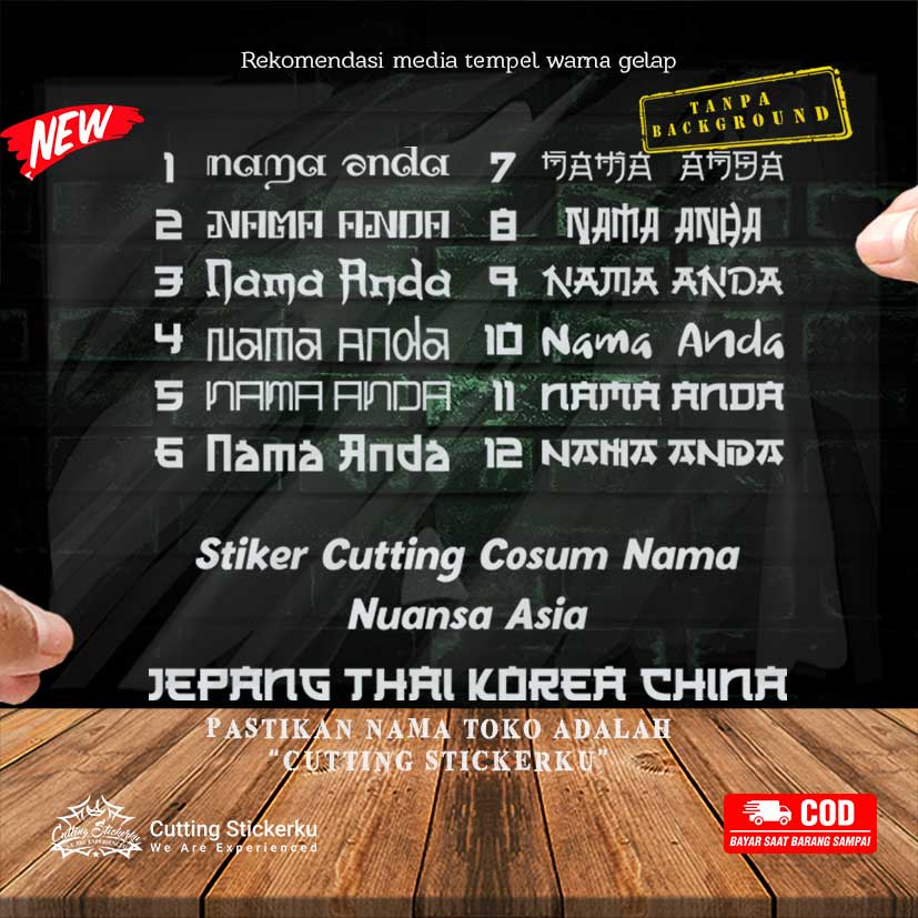 Cutting Stiker Custom Nama Asian Style Variasi Motor Mobil Sticker Timbul Keren Nyala Spakbor Visor Body Kaca Helm Laptop Hologram Reflective Tahan Air Bodi Samping Nama Ok Look Vario Beat NMAX PCX Japan Jepang Korea Thailand China Windshield Kustom Modif