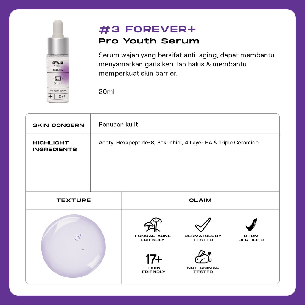 GLOWINC POTION FOREVER+ Pro Youth Low pH Cleanser Toner Serum Moisturizer - Anti Aging