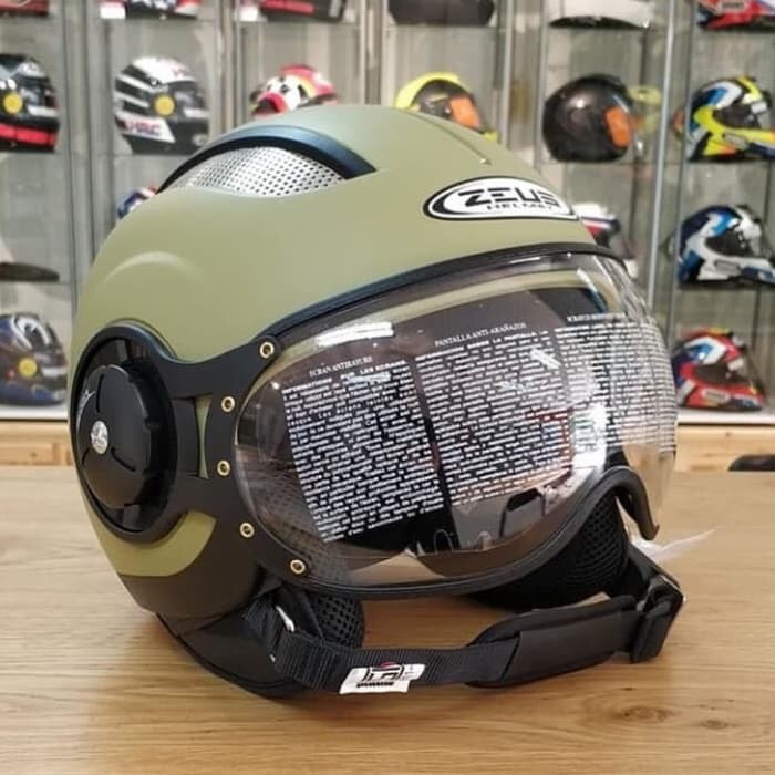 Helm Zeus 218 retro pilot matt green olive army list black hijau doff