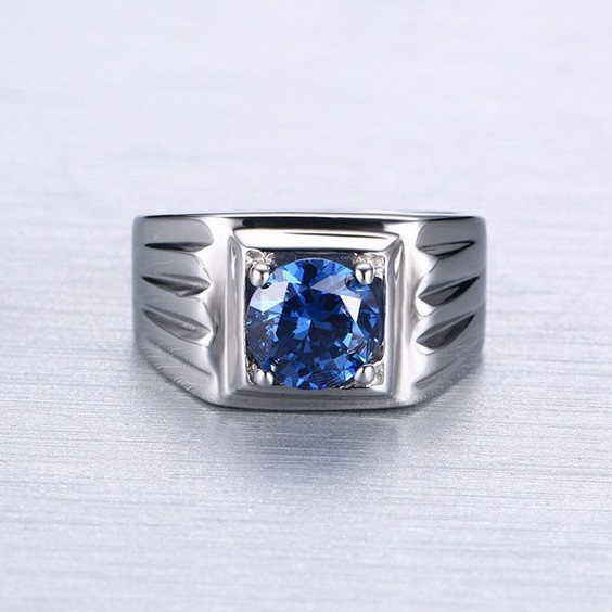 Cincin Kawin / Tunangan / Cincin Single Pria Cowok Titanium 316L Blue Zircon AAA CP001