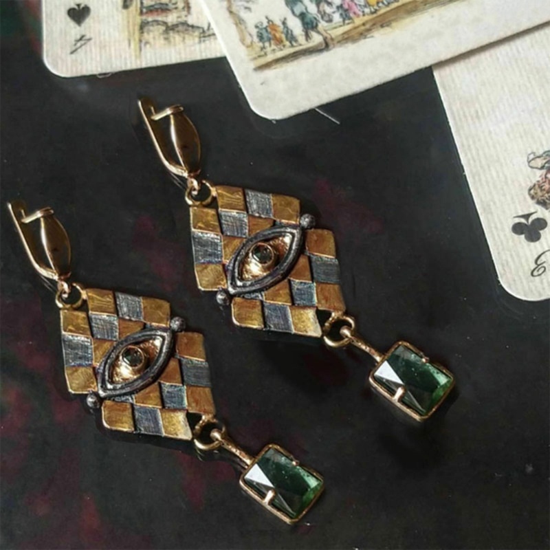 Anting Menjuntai Bahan Logam Bentuk Belah Ketupat Geometris Gaya Vintage Untuk Hadiah