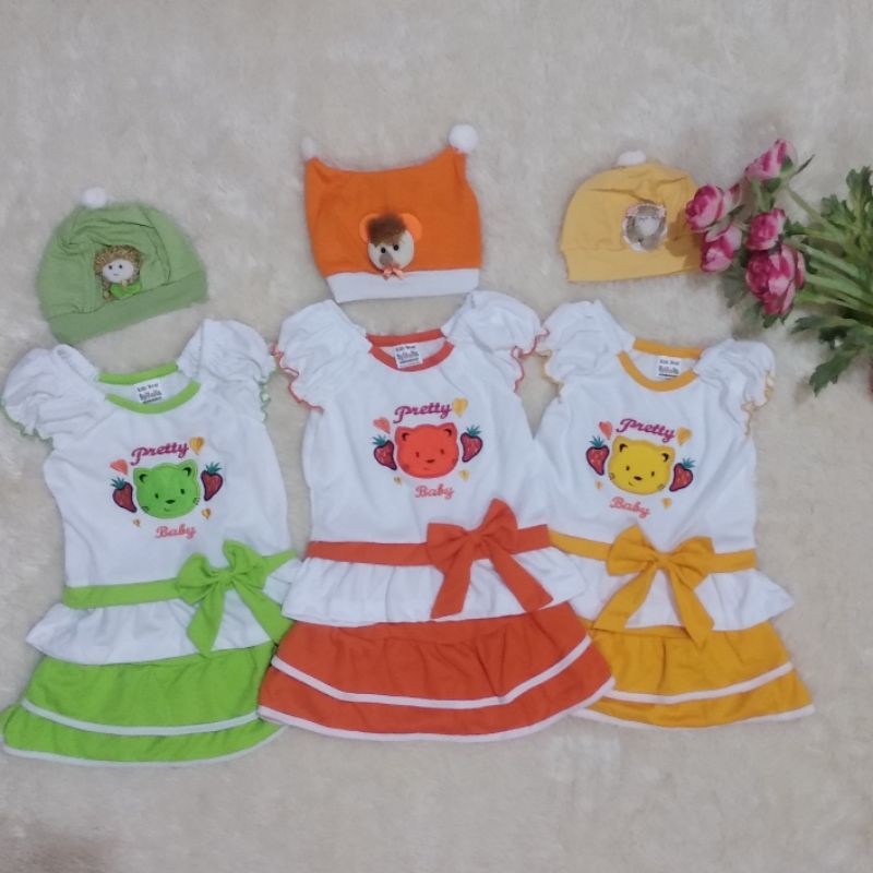 Setelan Rok Bayi Perempuan 0-6 bulan + Topi timbul 3D