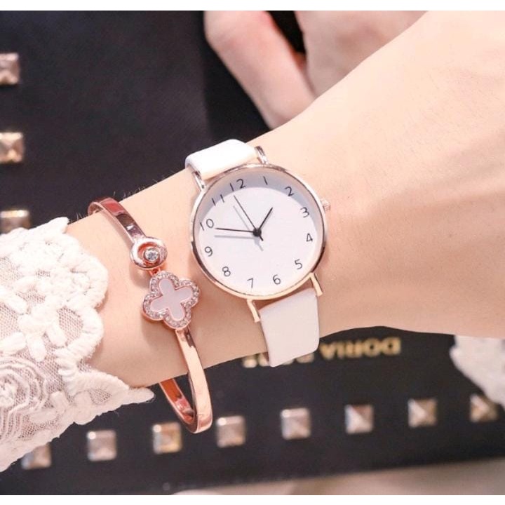 Jam Tangan Gaya Korea Strap PU Leather Polos (002PU)