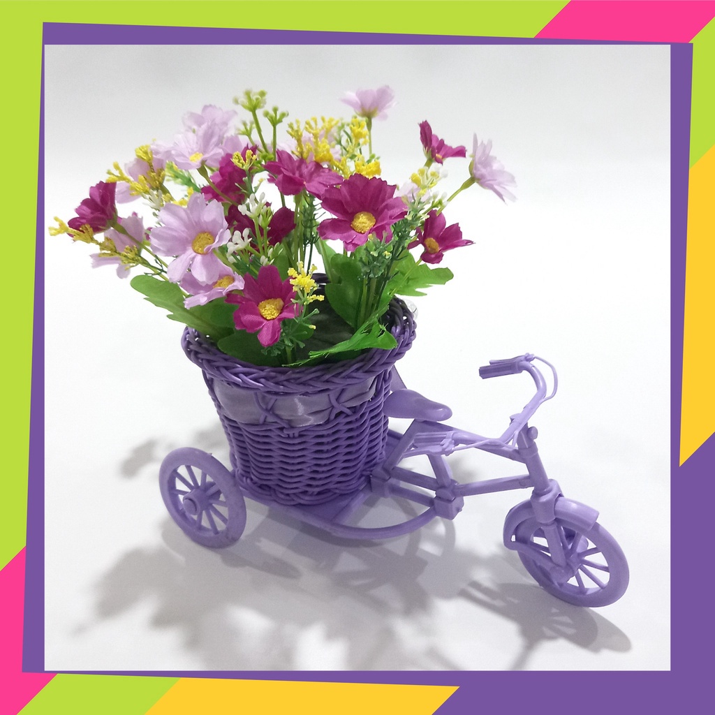 1580D2 / Pot bunga sepeda rotan plus bunga Artificial / Vas bunga plus tanaman hias Artificial