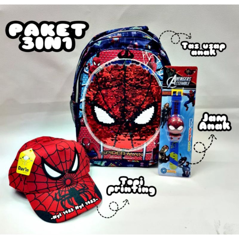 Paket Hemat 3in1 Tas ransel anak Laki-laki Sekolah TK - SD karakter / free jam dan topi anak