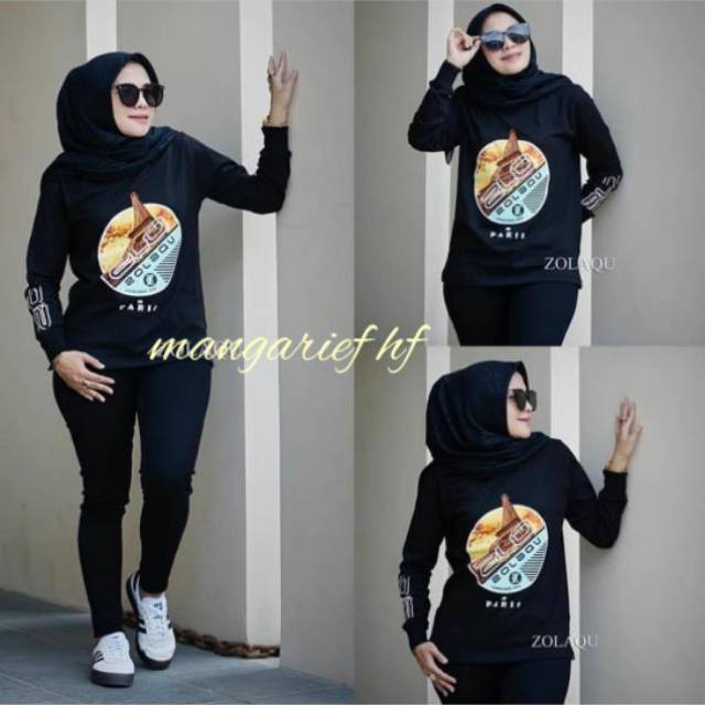 2 HITAM PARIS KAOS  WANITA  MOTIP ZOLAQU LENGAN PANJANG 