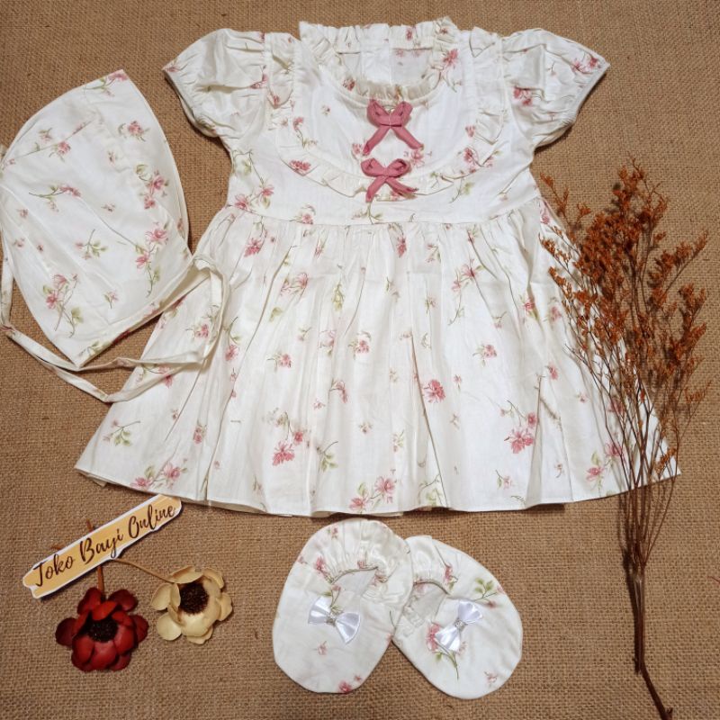 Dress bayi 0 6 12 bulan set sepatu bandana / bonnet Setelan Baju bayi Perempuan 100% Katun SNI Pakaian anak Cewek-0-6bln bunga pink