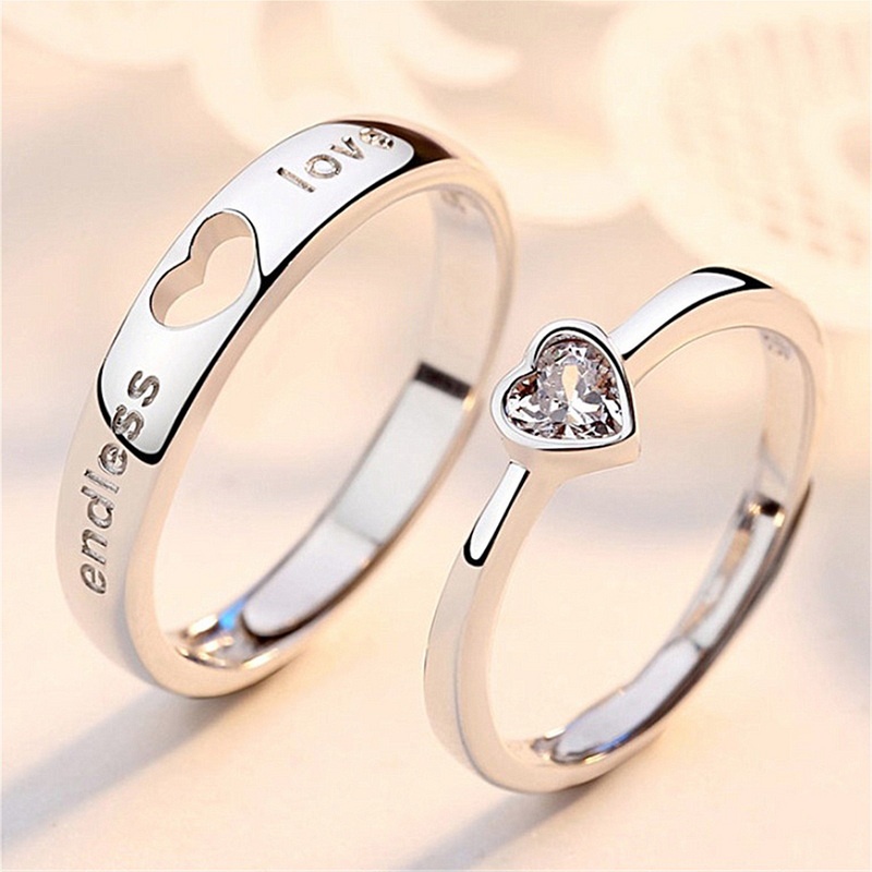 Cincin Berlian Bentuk Hati Model Terbuka Adjustable Warna Silver Untuk Pria Dan Wanita