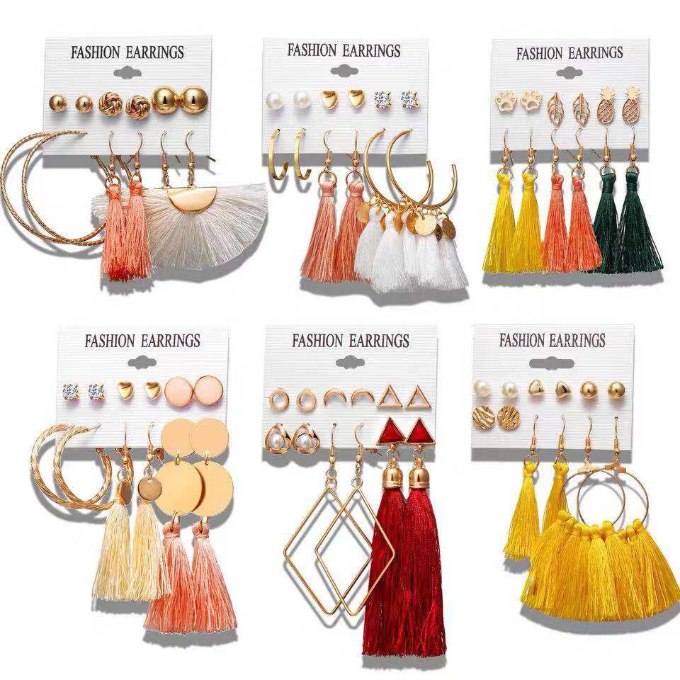 Anting set isi 6 wanita Rumbai hoop Etnik Wind series SKY