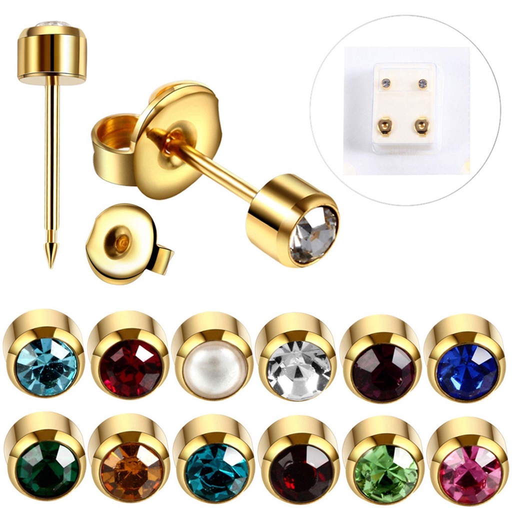 Preva 1pasang 4mm Kristal Tindik Telinga Stud Hypoallergenic Rustproof Anti-Sensitif Stud Earrings