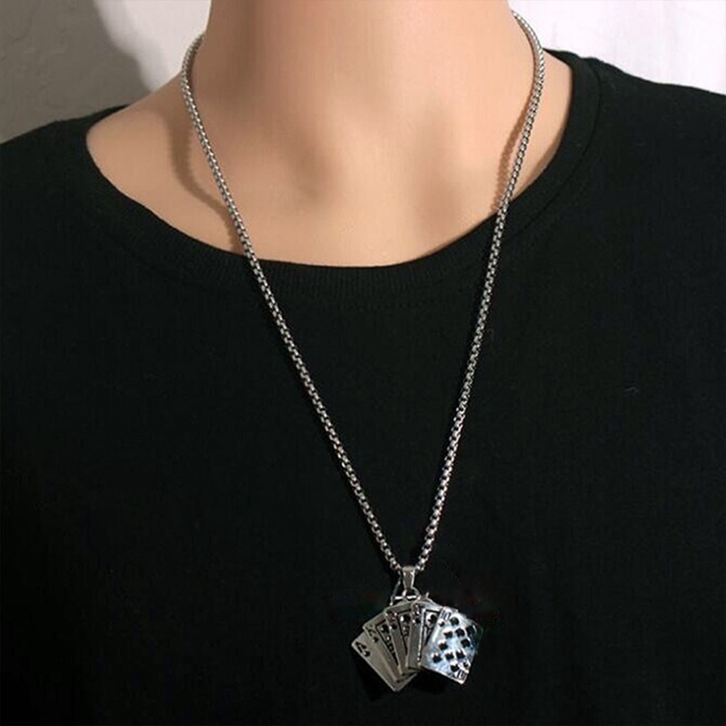 Hu Hu Hu Hu Hu Alat Bantu Pasang Kacamata♡ Kalung Rantai Panjang Liontin Kartu Poker Bahan Alloy Gaya Hip Hop Untuk Unisex