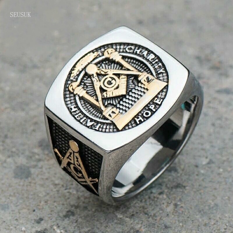SEUSUK  Cincin Motif Mason Freemason Warna Gold / Silver Untuk Pria