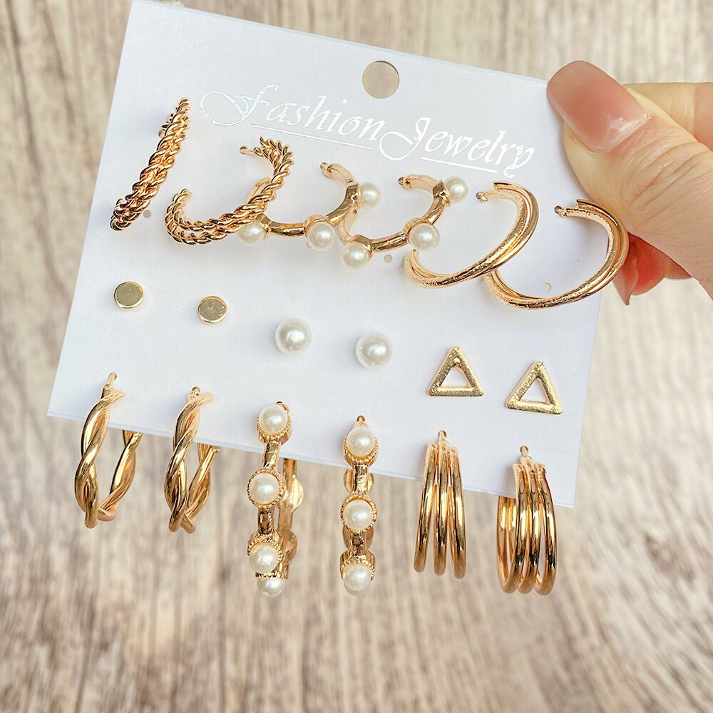 12Pcs/Set anting emas mutiara Wanita Berongga Cinta Hati anting liontin Hadiah Perhiasan Aksesoris