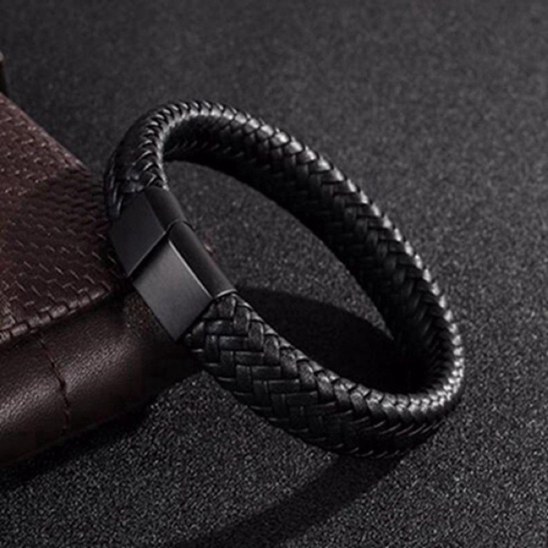 Gelang Kulit Magnetic / Gelang Pria Keren All Black Big Size 22cm