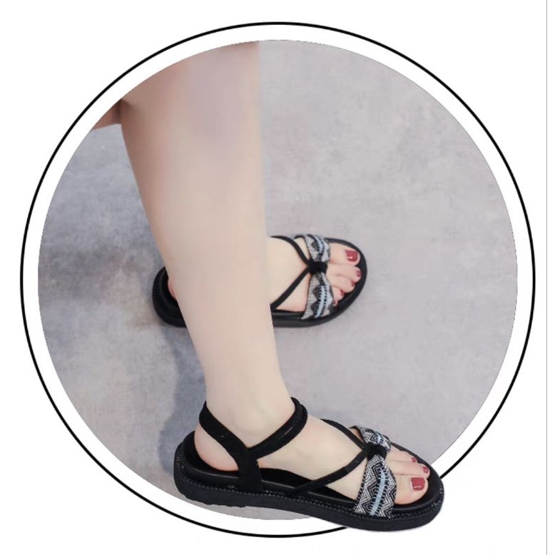 Sandal Wanita Kanvas Terbaru Motif Tribal / Sandal Tali Wanita Platform Korea Trendy 36-40 / Sendal Wedges Wanita Kekinian / Sandal Gladiator Cewek / Bisa Cod