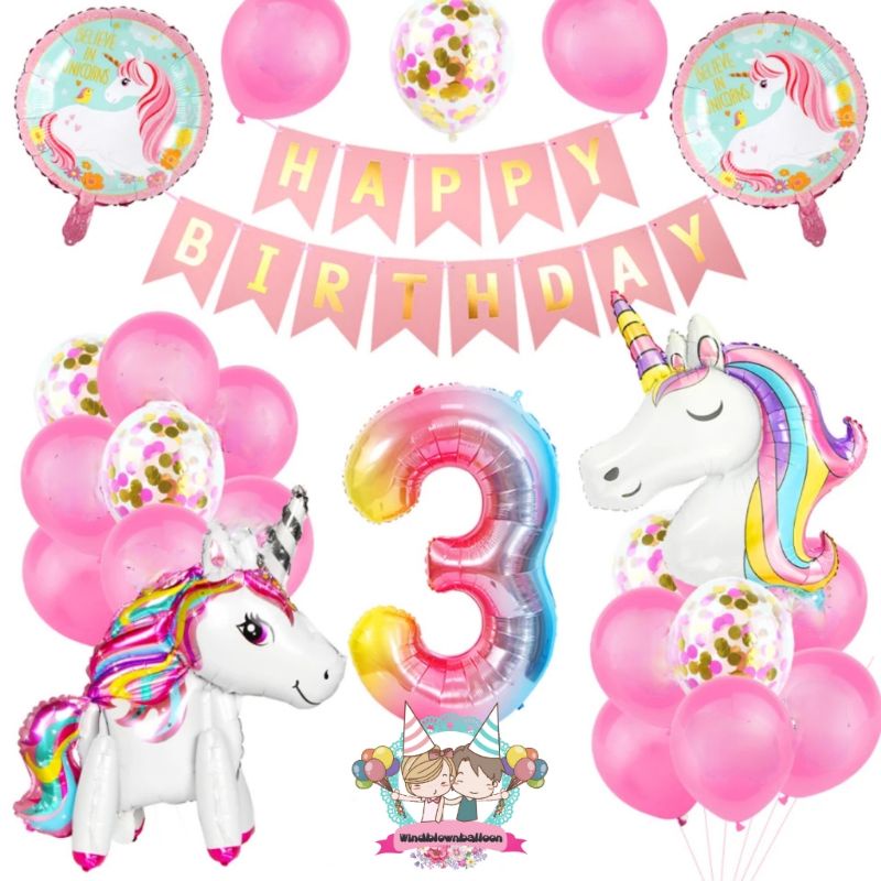 WINDBLOWN BALON FOIL SET BIRTHDAY HBD GIRL UNICORN / DEKOR ULANG TAHUN ANAK CEWE KUDA PONY