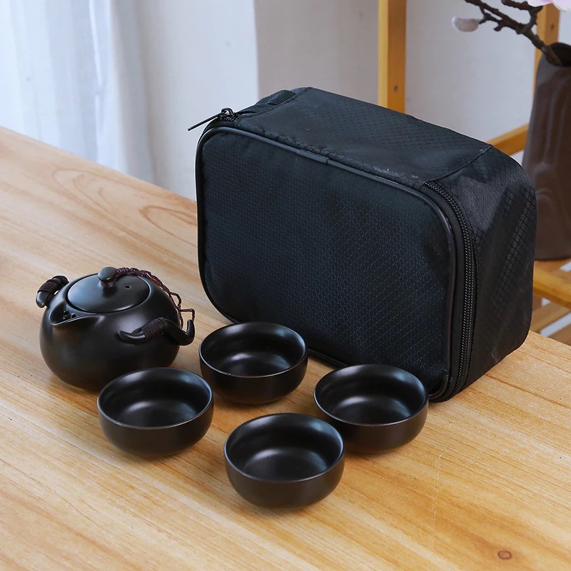 g8c homadise teko pitcher teh chinese teapot maker ceramic with 4 glass - jj0007 - black Or-i