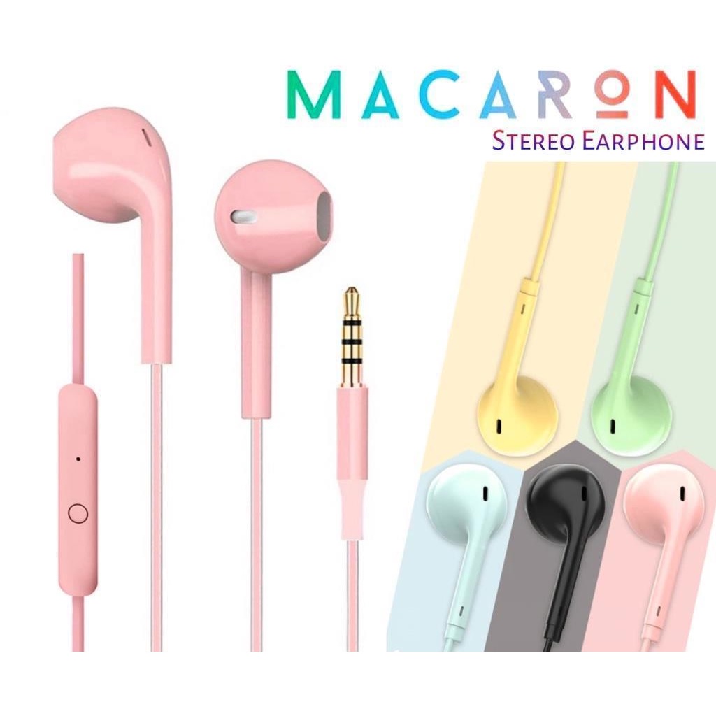 Earphone Macaron U19 stereo bass music telfon headset glossy colour dengan mic original